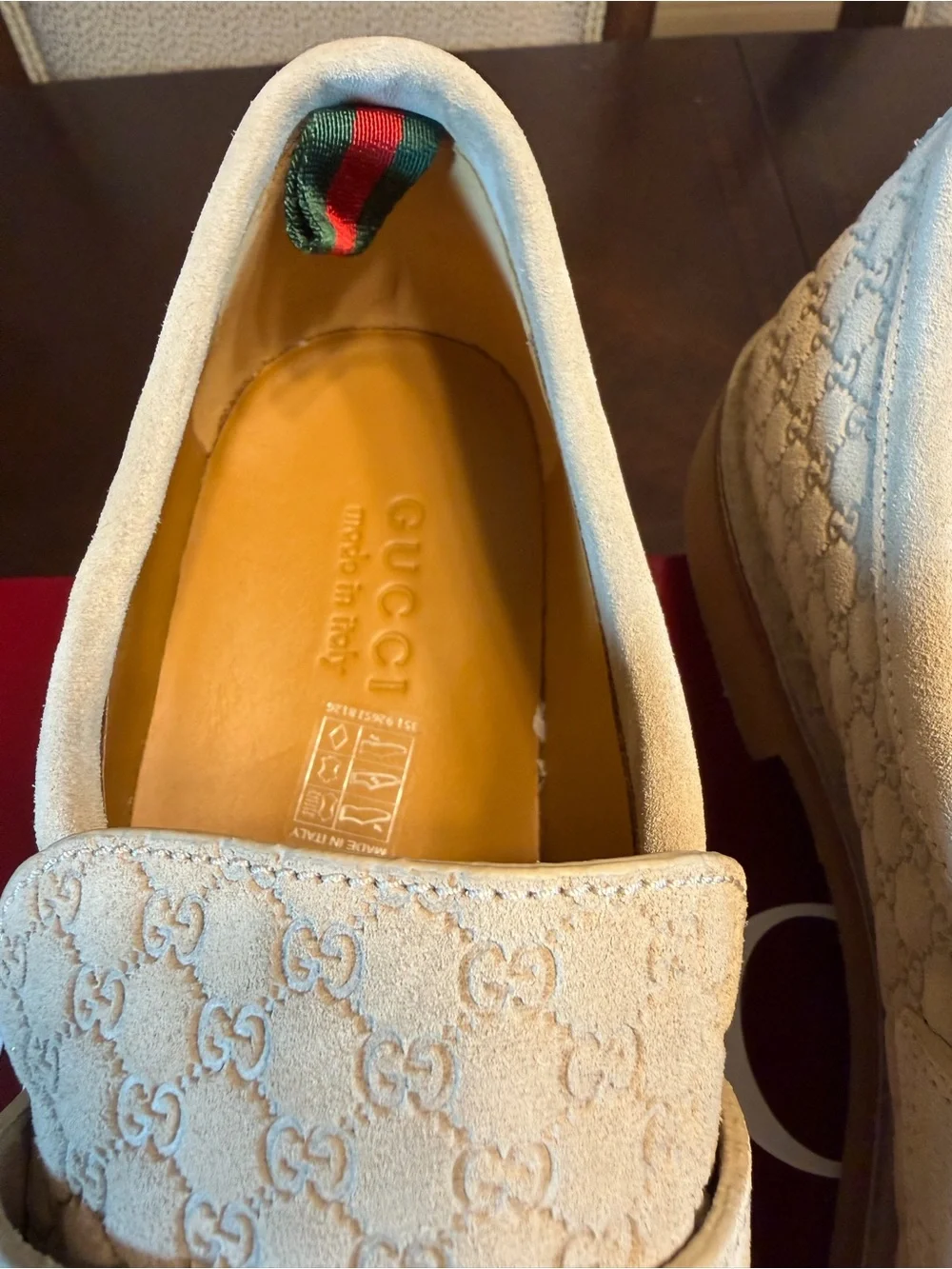 New Authentic Gucci GG Logo Suede Loafers Cream UK 11.5 / US 12